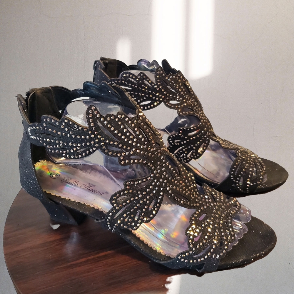 Stylish‎ Black Open-Toe Heels with Beaded Design